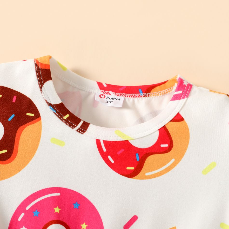 فستان قصير الأكمام بطباعة دونات للطعام للفتيات الصغيرات أبيض big image 3