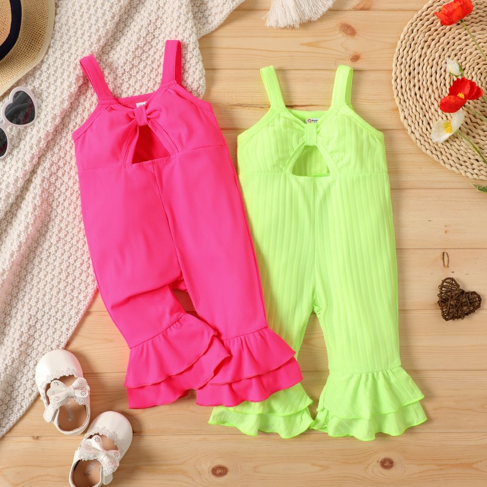 Baby Girl Fluorescent Colored Ribbed Sleeveless Hollow Out Layered Bell Bottom Jumpsuit Peach big image 2