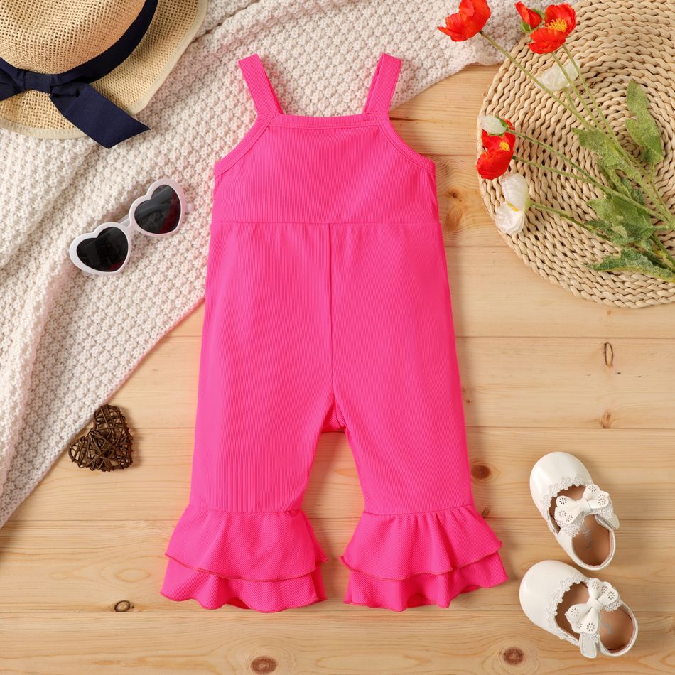 Baby Girl Fluorescent Colored Ribbed Sleeveless Hollow Out Layered Bell Bottom Jumpsuit Peach big image 3