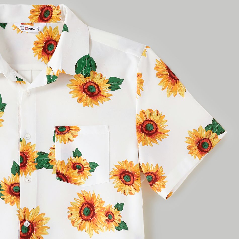Family Matching All Over Sunflower Floral Print Spaghetti Strap Splicing Dresses and Short-sleeve Shirts Sets yellowwhite big image 13