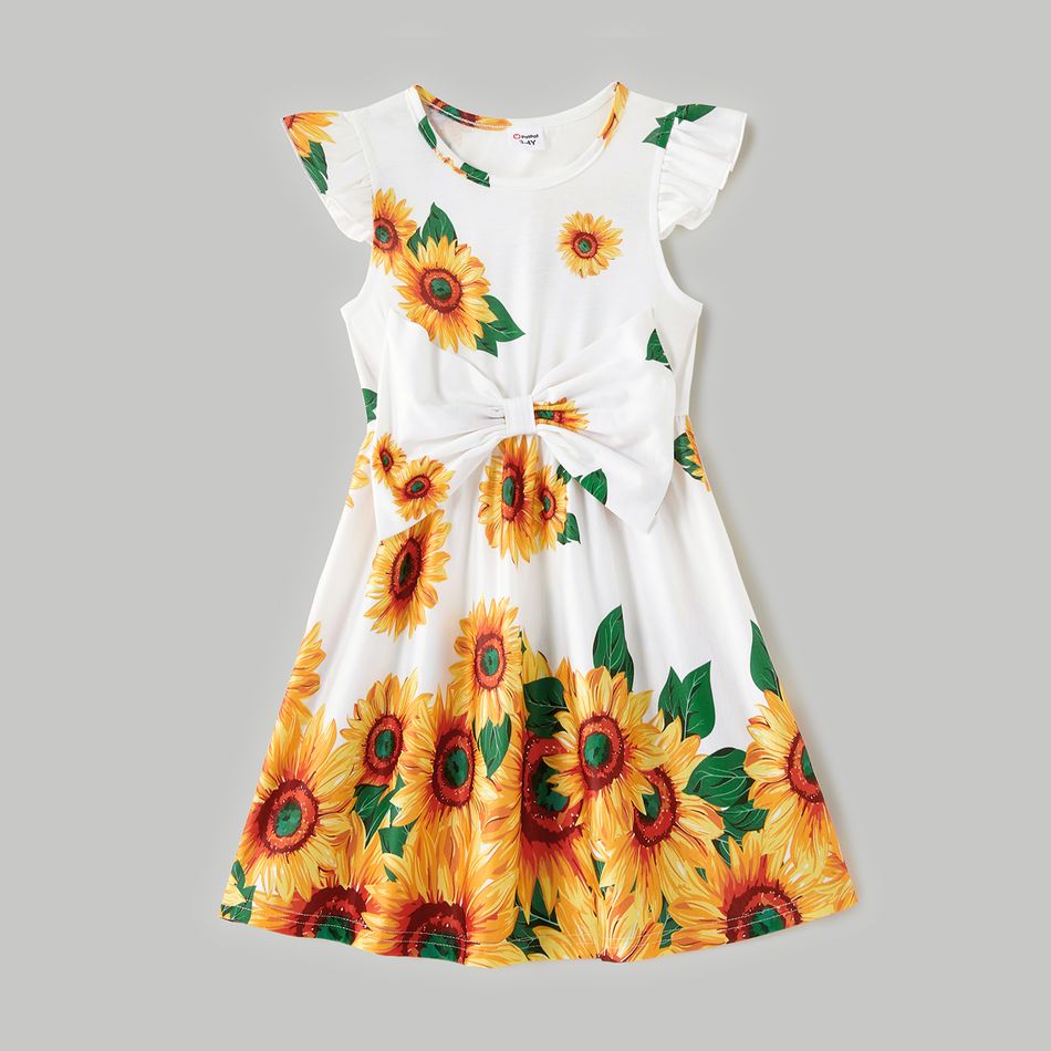 Family Matching All Over Sunflower Floral Print Spaghetti Strap Splicing Dresses and Short-sleeve Shirts Sets yellowwhite big image 6