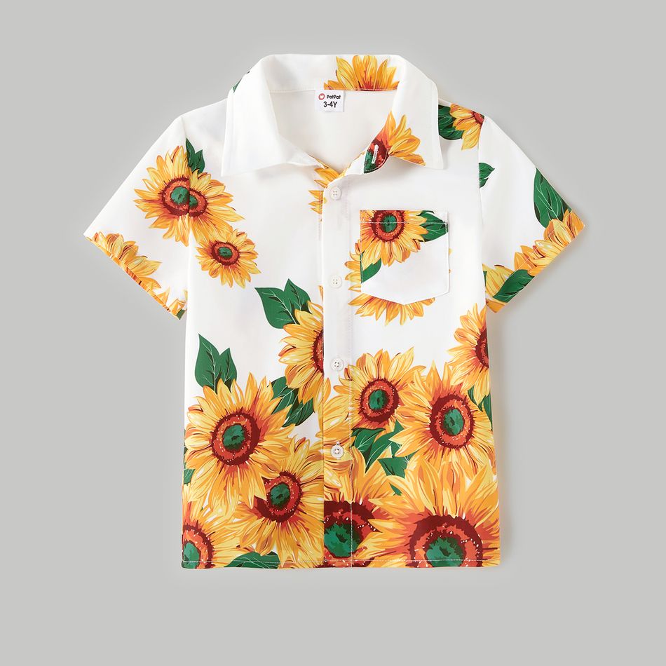 Family Matching All Over Sunflower Floral Print Spaghetti Strap Splicing Dresses and Short-sleeve Shirts Sets yellowwhite big image 15