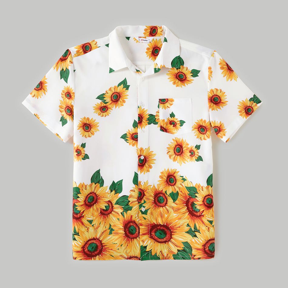 Family Matching All Over Sunflower Floral Print Spaghetti Strap Splicing Dresses and Short-sleeve Shirts Sets yellowwhite big image 11