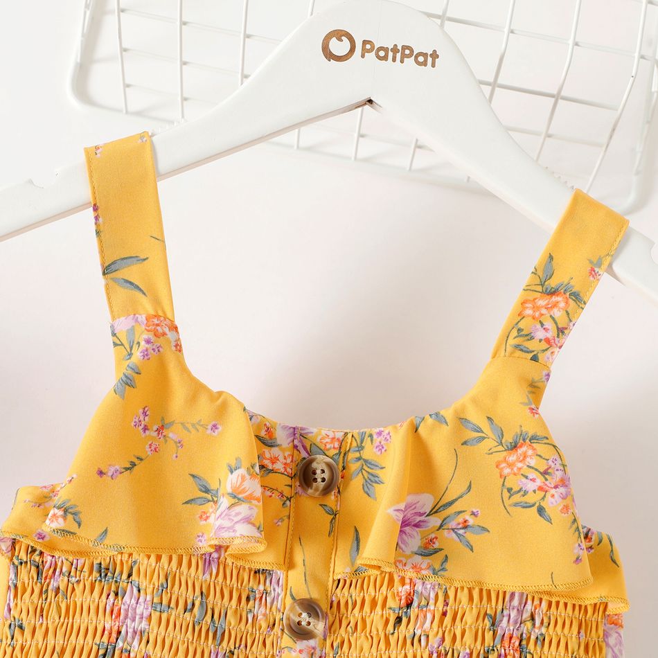 Kid Girl Boho Floral Print Smocked Slit Cami Jumpsuits Yellow big image 3