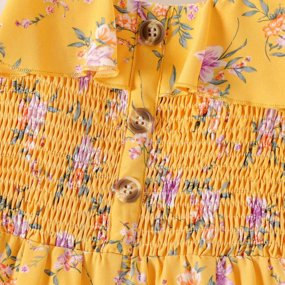 Kid Girl Boho Floral Print Smocked Slit Cami Jumpsuits Yellow big image 4