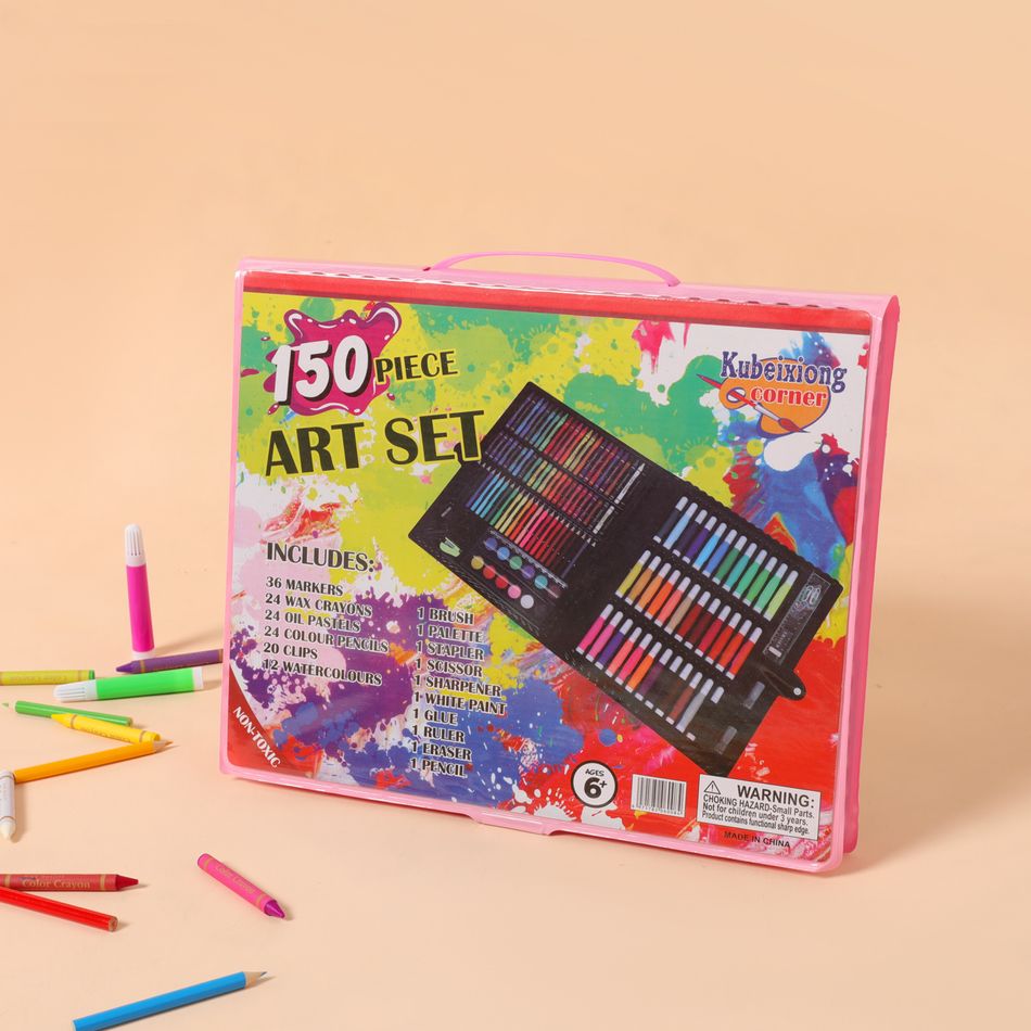 150 قطعة مجموعة فنية للأطفال أقلام تلوين للرسم وأقلام تلوين بألوان زيتية وأقلام تلوين أدوات فنية هدية للأطفال زهري big image 3