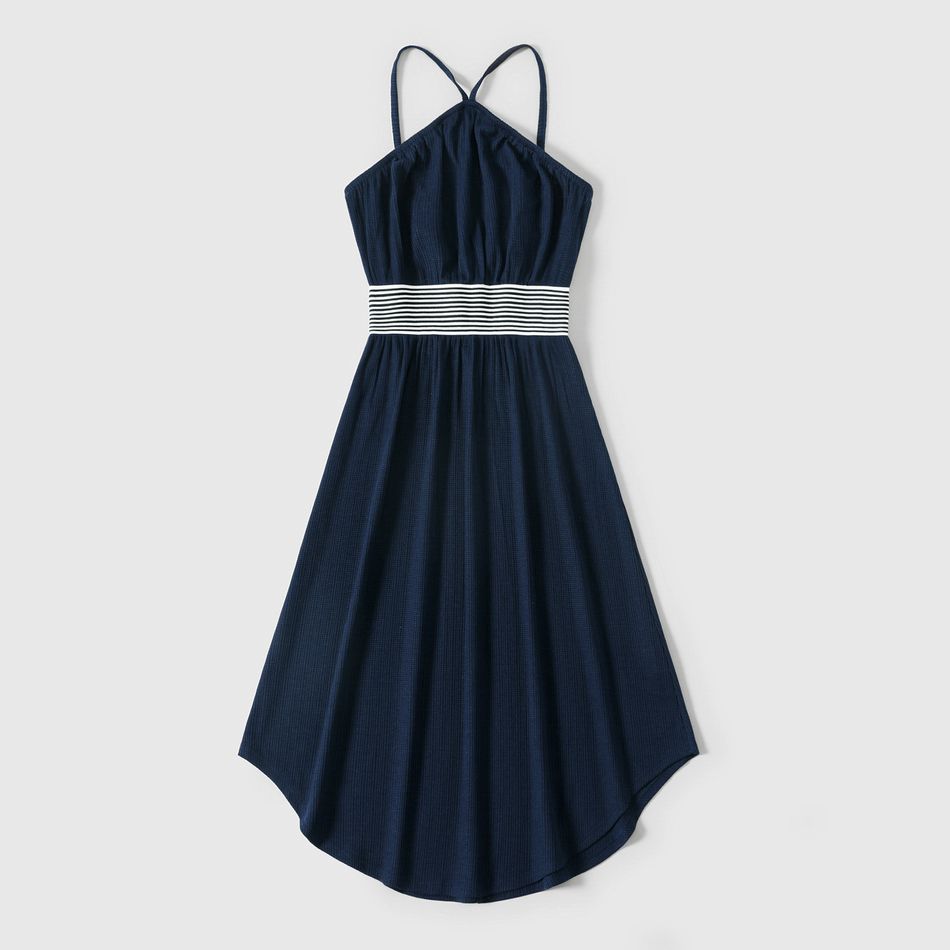 Family Matching Solid Spaghetti Strap Dresses and Striped Colorblock Short-sleeve T-shirts Sets Tibetanblue big image 2
