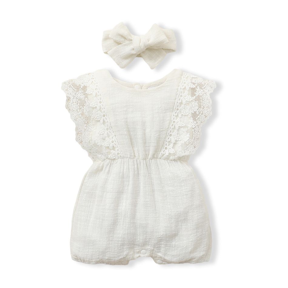 2pcs Baby Girl 95% Cotton Lace Flutter-sleeve Romper with Headband Set White big image 2