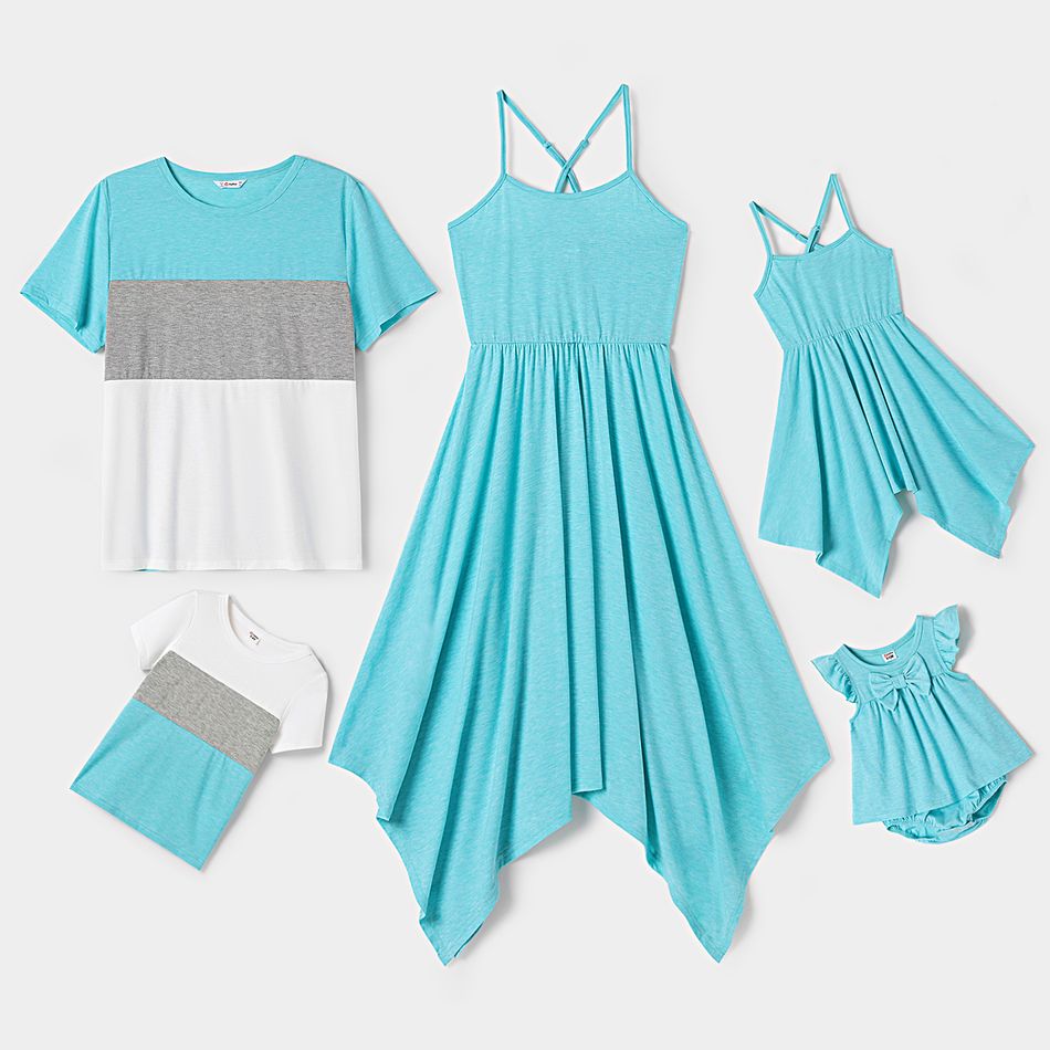 Family Matching Solid Spaghetti Strap Irregular Hem Dresses and Short-sleeve Colorblock T-shirts Sets BlueGreen