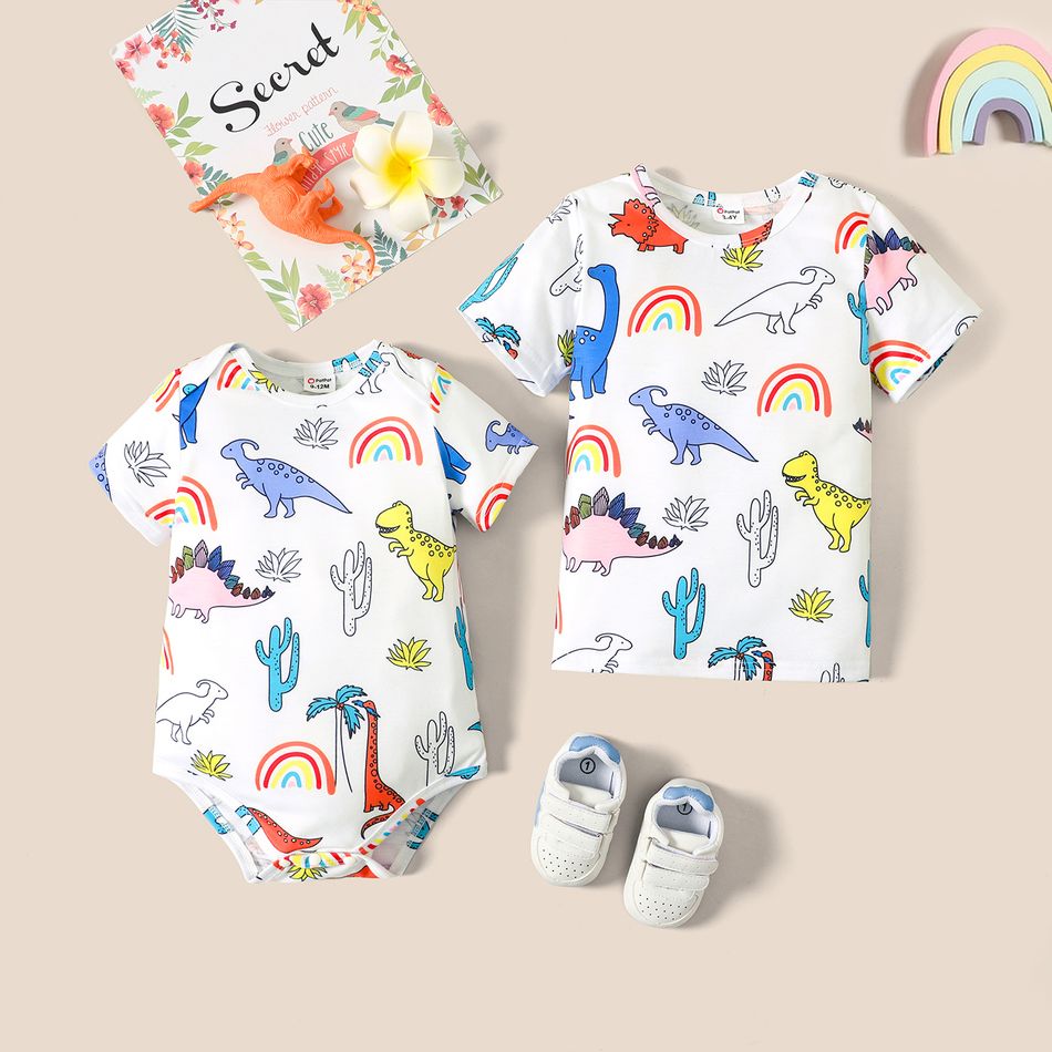 Sibling Matching All Over Multicolor Dinosaur Print Short-sleeve Set Colorful