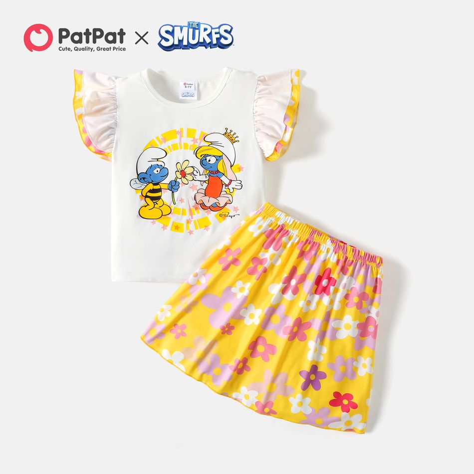 Smurfs 2pcs Kid Girl Character Print Flutter-sleeve Tee and Floral Print Skirt Set Yellow