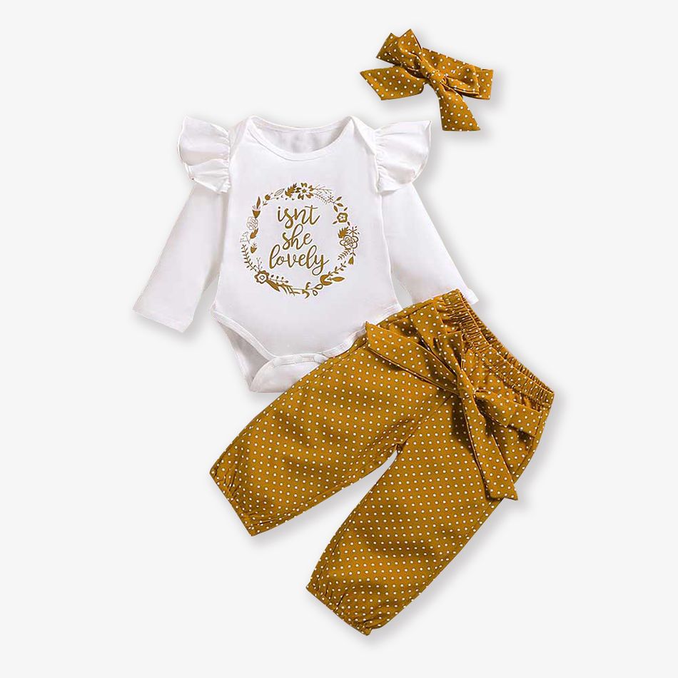 3pcs Baby Girl 95% Cotton Ruffle Long-sleeve Letter Ptint Romper and Polka Dots Pants with Headband Set White big image 1