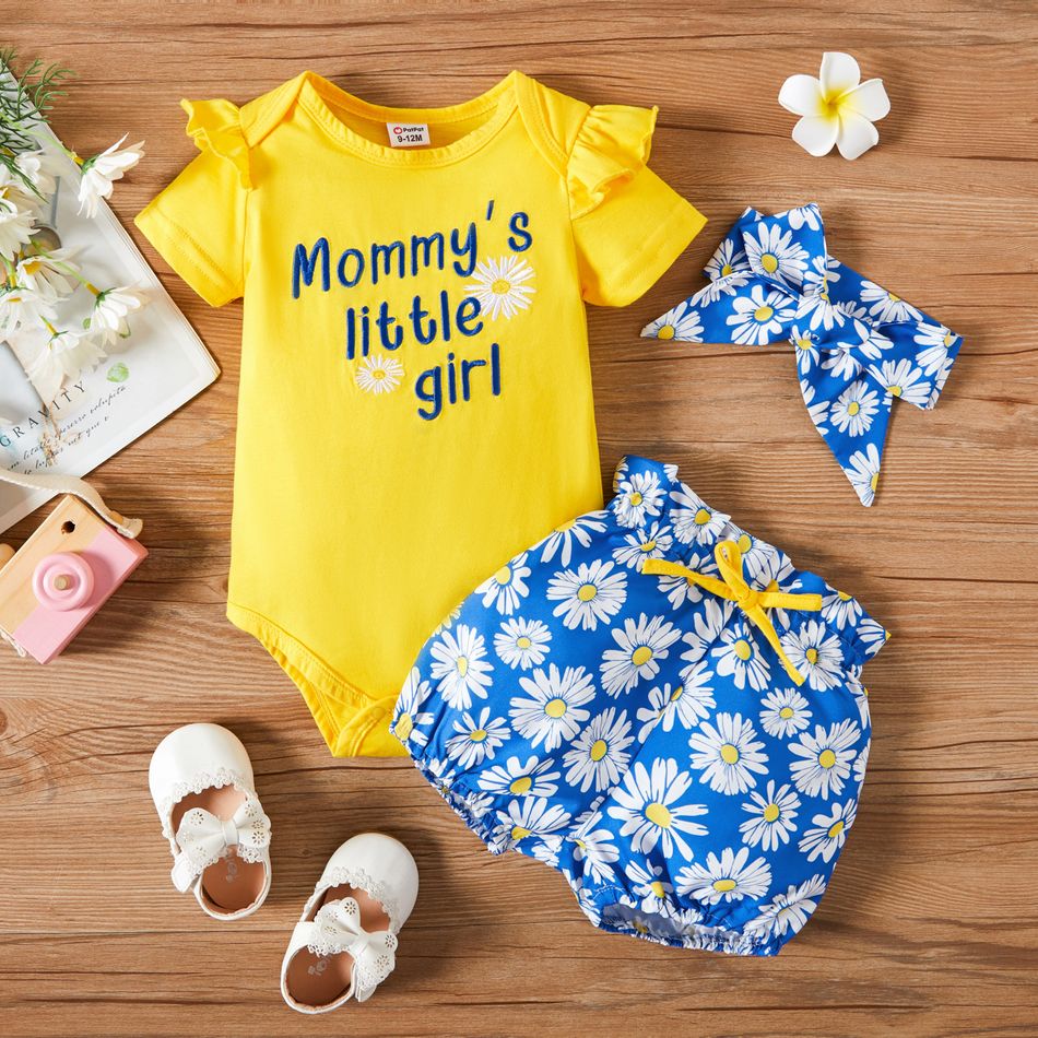 3pcs Baby Girl Letter Embroidered Ruffle Short-sleeve Romper and Daisy Floral Print Shorts with Headband Set Color block