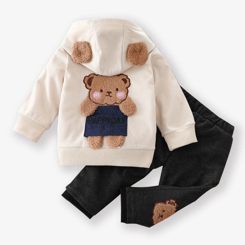 2pcs Baby Cartoon Bear Pattern Long-sleeve Hoodie and Trousers Set White big image 2