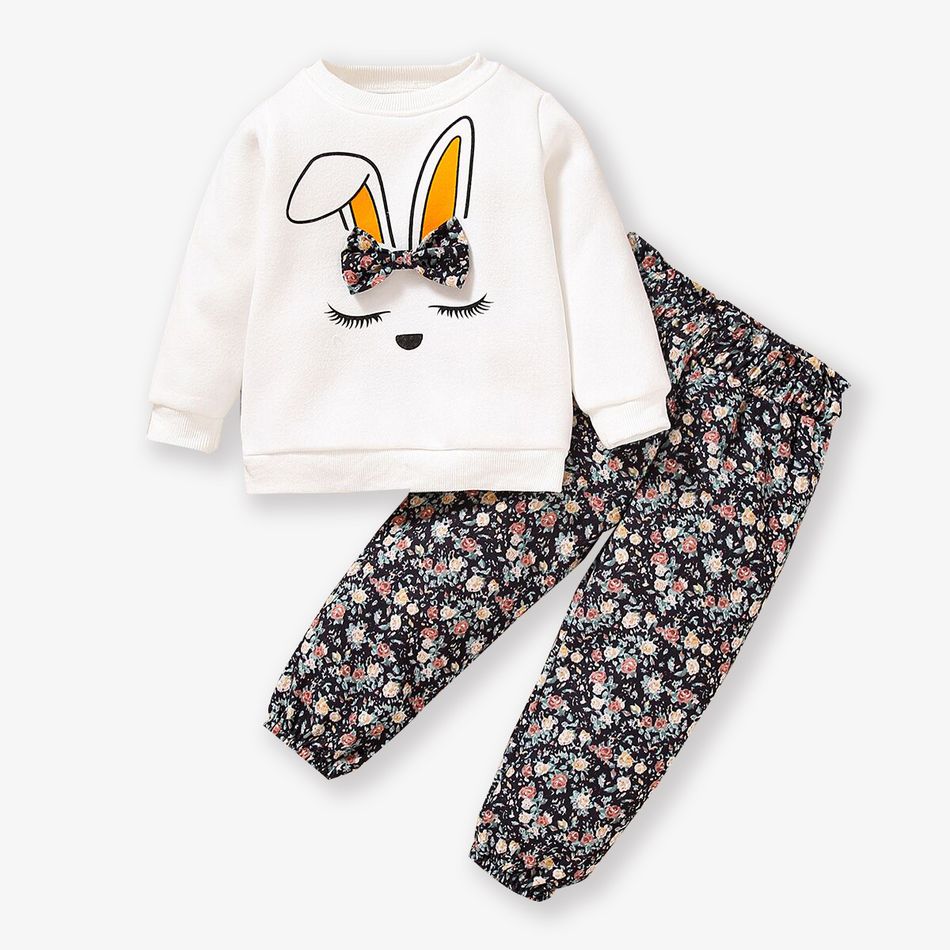 2-piece Toddler Girl Bowknot Design Rabbit Print Pullover Sweatshirt and Floral Print Paperbag Pants Set White big image 1