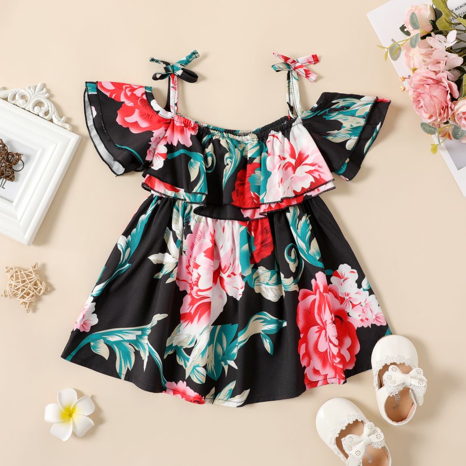 Baby Girl All Over Floral Print Cold Shoulder Spaghetti Strap Layered Ruffle Short-sleeve Dress Black