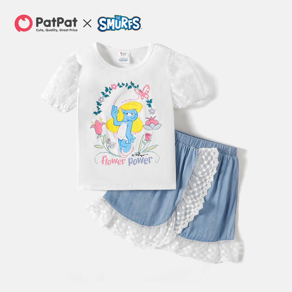 Smurfs 2pcs Kid Girl Floral Print Mesh Puff-sleeve Tee and Lace Design Denim Wrap Skirt Set White
