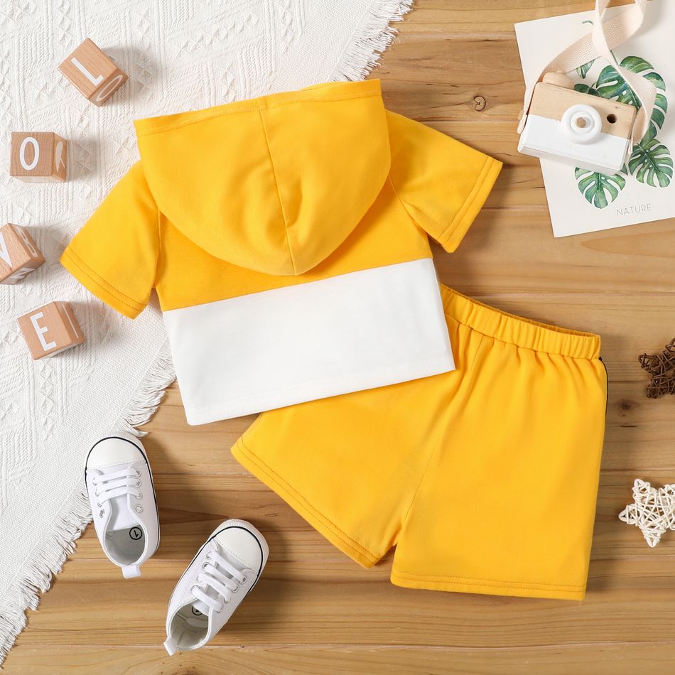 Baby Boy/Girl Letter Print Colorblock Hooded Short-sleeve Top and Shorts Set TenderYellow big image 2