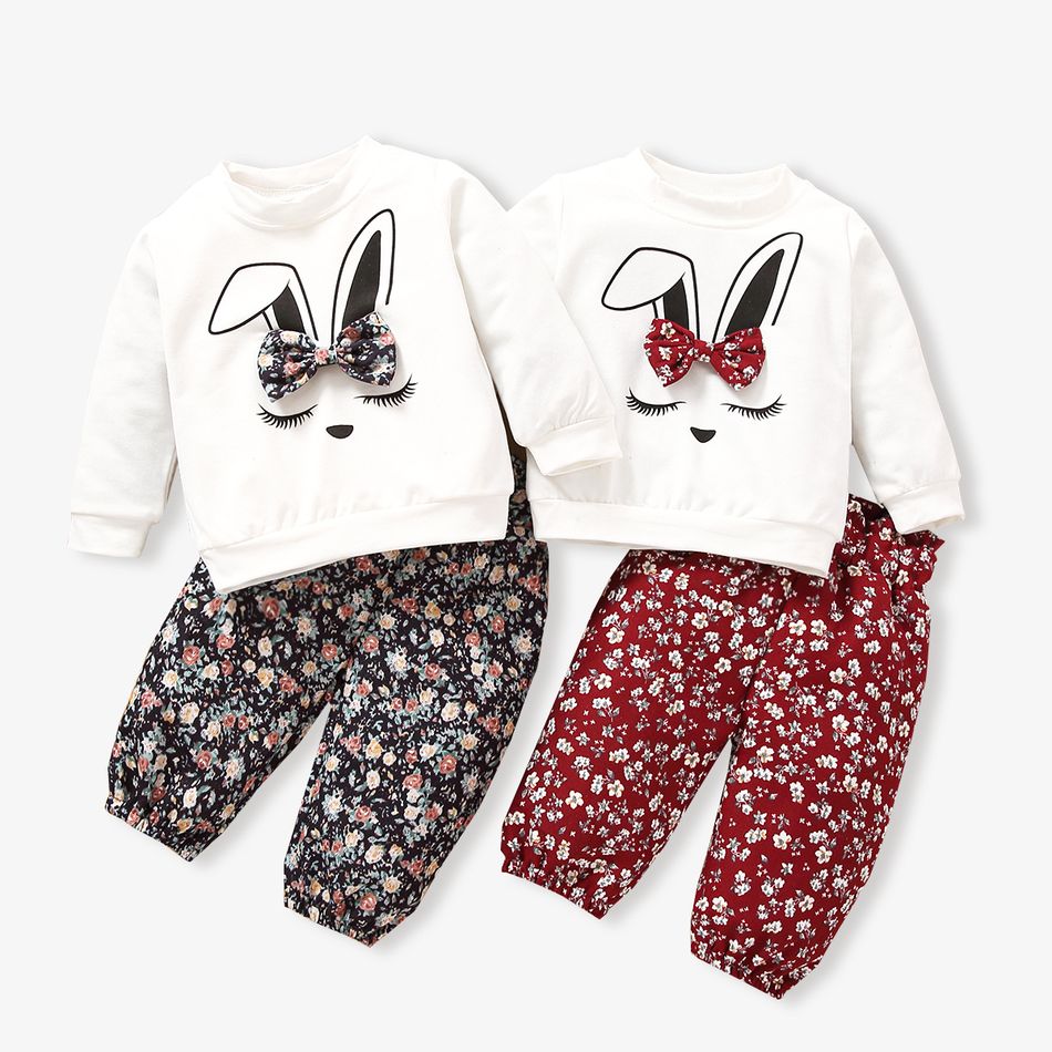 2pcs Baby Girl 95% Cotton Long-sleeve Cartoon Rabbit Print Sweatshirt and Floral Print Trousers Set Red big image 2