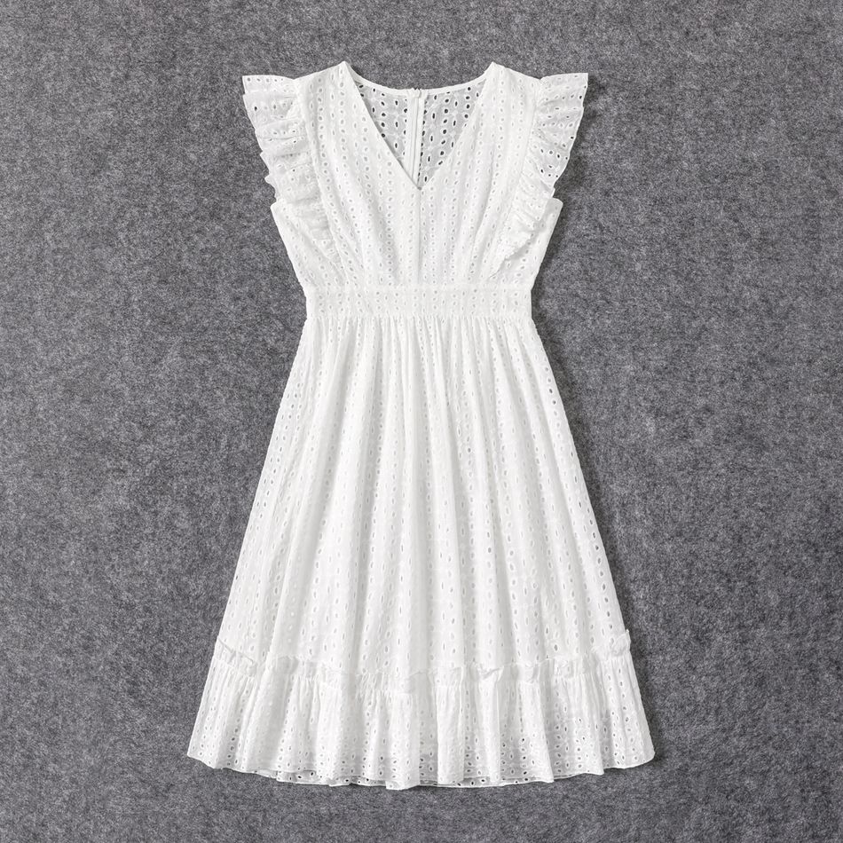 100% Cotton White Hollow-Out Floral Embroidered Ruffle Sleeveless Dress for Mom and Me White big image 8