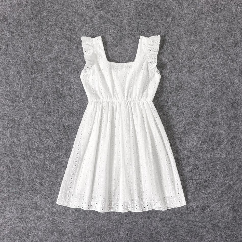 100% Cotton White Hollow-Out Floral Embroidered Ruffle Sleeveless Dress for Mom and Me White big image 13