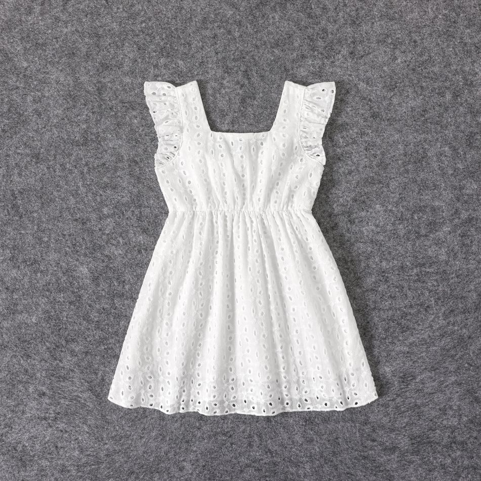100% Cotton White Hollow-Out Floral Embroidered Ruffle Sleeveless Dress for Mom and Me White big image 11