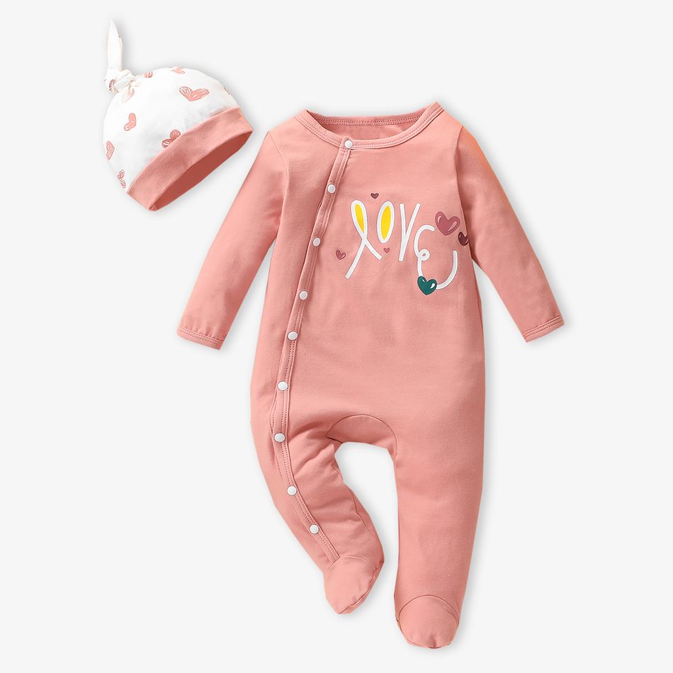 2pcs Baby 95% Cotton Long-sleeve Love Heart Print Footed Jumpsuit with Hat Set Pink big image 2