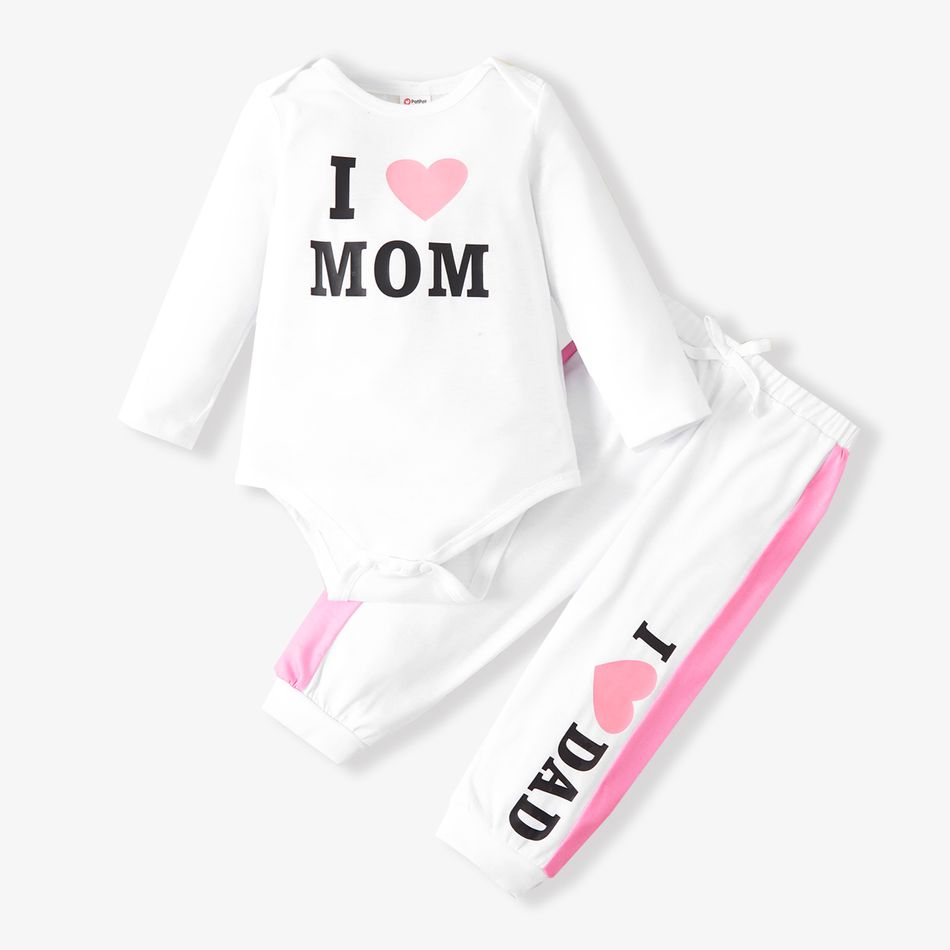 2pcs Baby Girl Love Heart and Letter Print Long-sleeve Romper with Trousers Set White big image 1