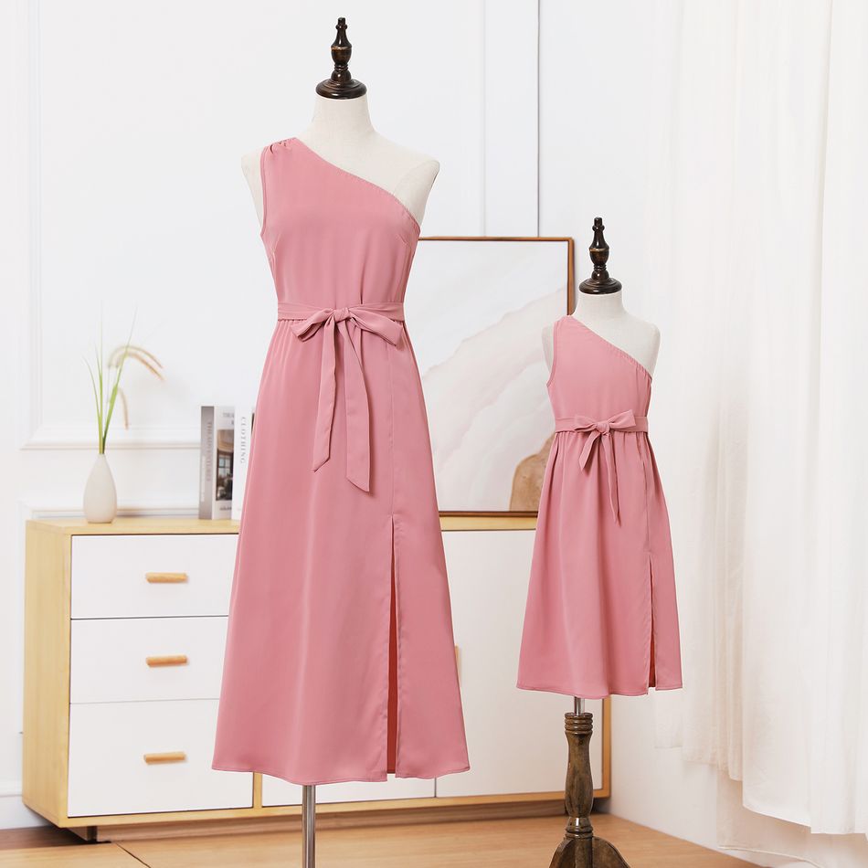 Pink One Shoulder Sleeveless Belted Split Midi Dress for Mom and Me Mauve Pink