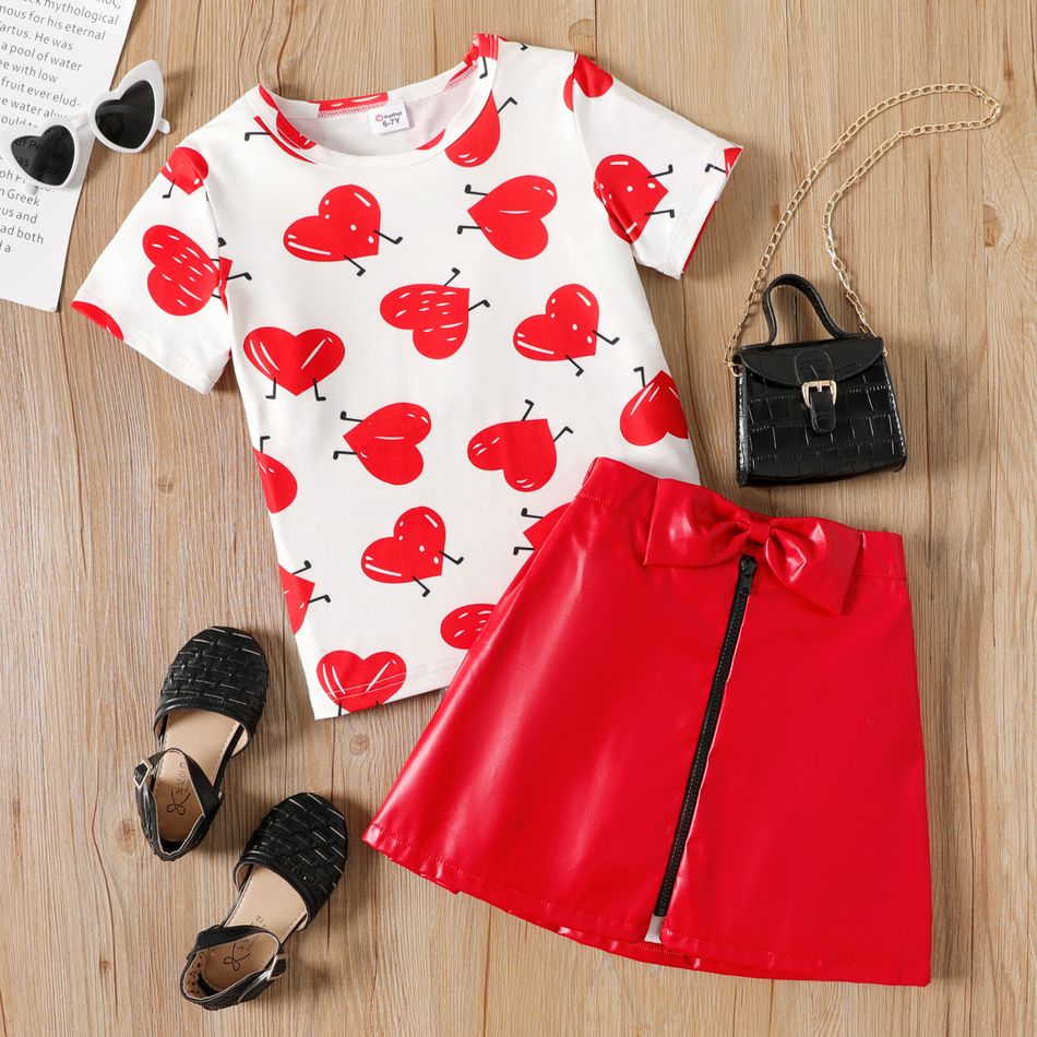 2-piece Kid Girl Heart Print Short-sleeve Tee and Bowknot Zipper Design Metallic Red Skirt Set White