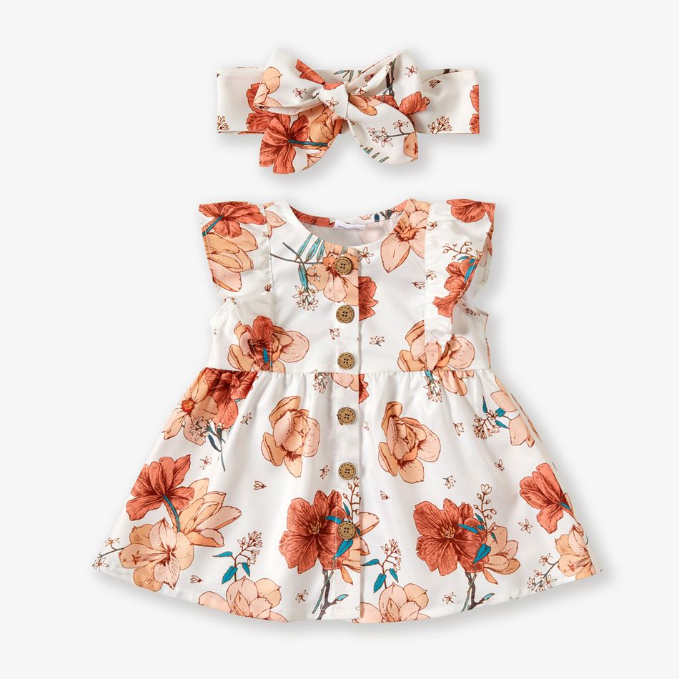 2pcs Baby Girl 100% Cotton Solid/Floral-print Sleeveless Ruffle Button Up Dress with Headband Set White big image 1