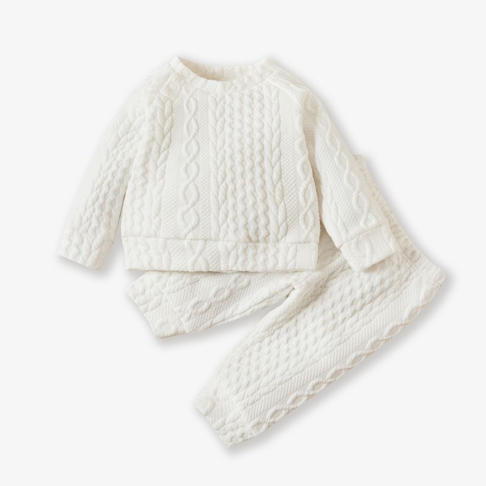 2pcs Baby Boy/Girl Solid Long-sleeve Imitation Knitting Set White big image 1