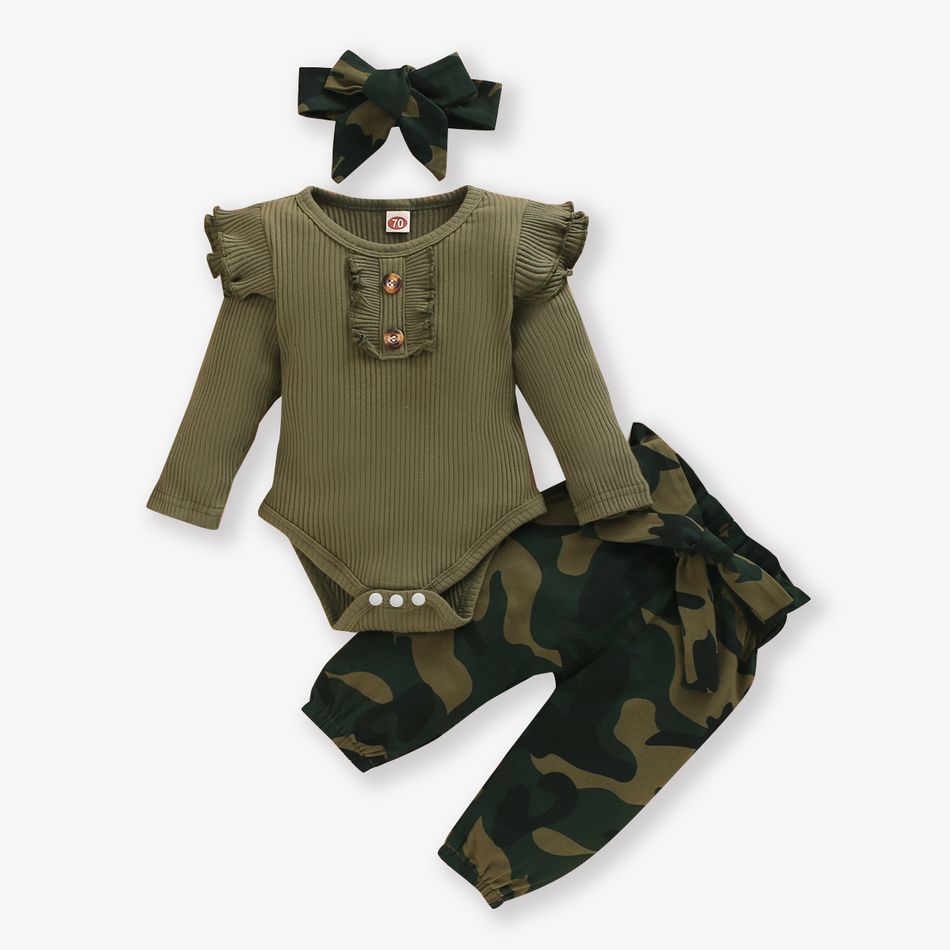 3pcs Baby Girl 95% Cotton Ribbed Ruffle Long-sleeve Romper and Camo Print Pants with Headband Set Army green