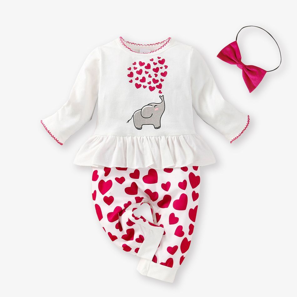 Baby 2pcs Elephant and Love Heart Print Long-sleeve Jumpsuit Set White