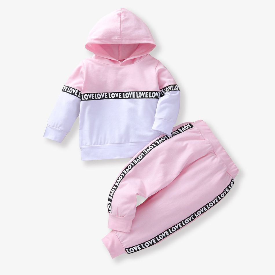 2pcs Letter Print Splice Color Block Hooded Long-sleeve Baby Set Pink big image 1