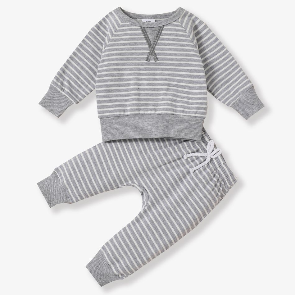 2pcs Baby 95% Cotton Long-sleeve All Over Striped Pullover and Trousers Set Light Grey big image 1