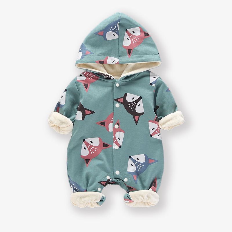 Baby Boy/Girl Long-sleeve Fox Print Hooded Fleece Lined Jumpsuit Bluish Grey