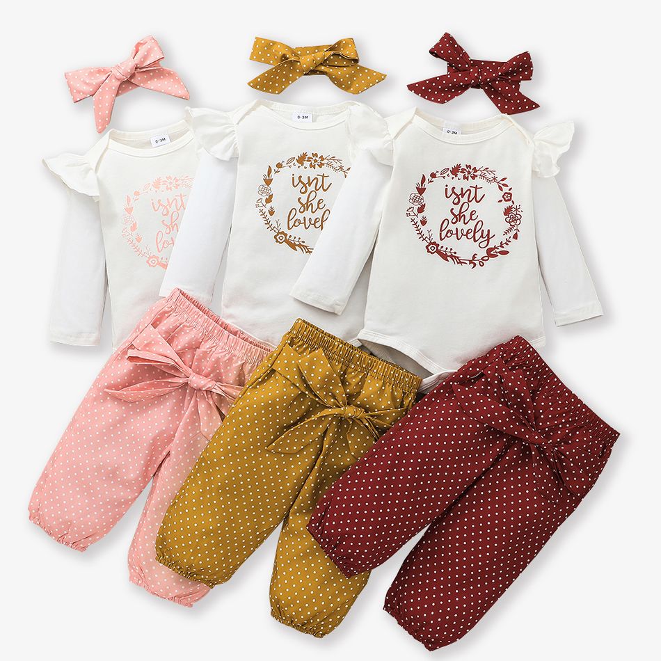 3pcs Baby Girl 95% Cotton Ruffle Long-sleeve Letter Ptint Romper and Polka Dots Pants with Headband Set White big image 2