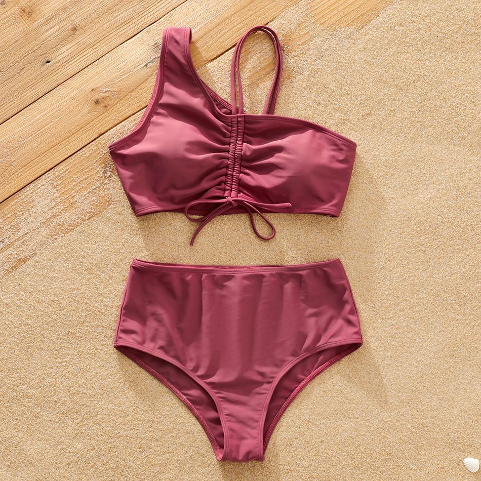 Family Matching Colorblock Swim Trunks Shorts and Two-Piece Ruched Drawstring Bikini Set Swimsuit Cameo brown big image 3