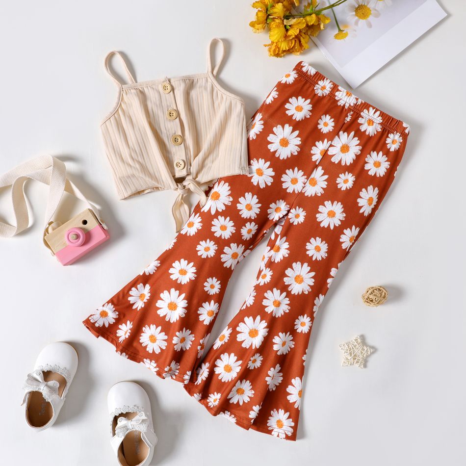 2pcs Toddler Girl Button Design Tie Knot Camisole and Floral Print Flared Pants Set Apricot
