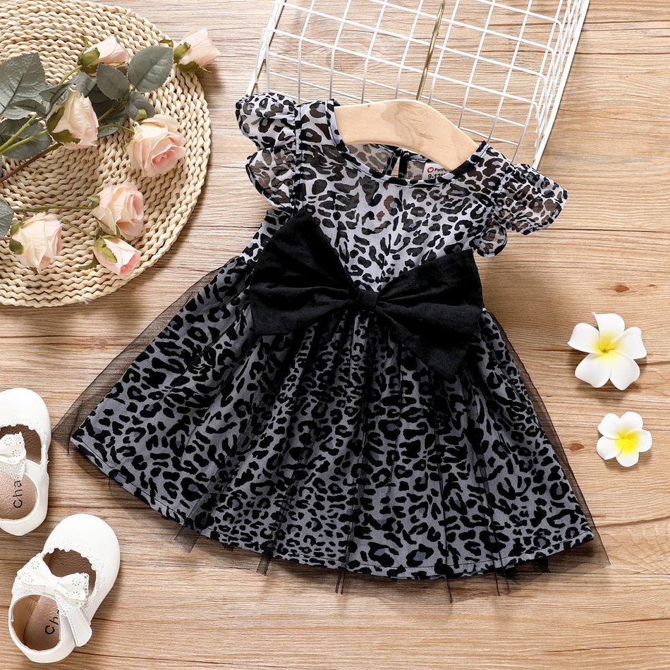 Baby Girl 100% Cotton Bowknot Design Black Leopard Flutter-sleeve Mesh Dress Black