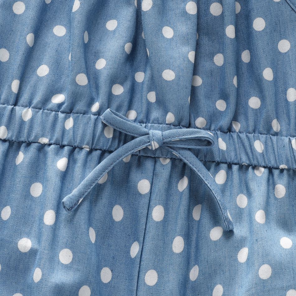 Toddler Girl Polka dots Bowknot Design Denim Cami Jumpsuits Blue big image 3