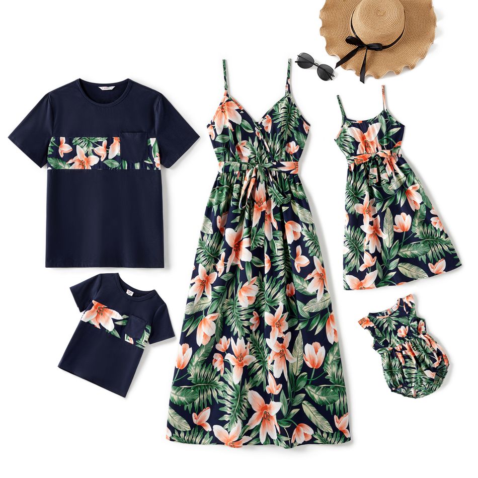 Family Matching All Over Floral Print V Neck Spaghetti Strap Midi Dresses and Splicing Short-sleeve T-shirts Sets royalblue big image 1