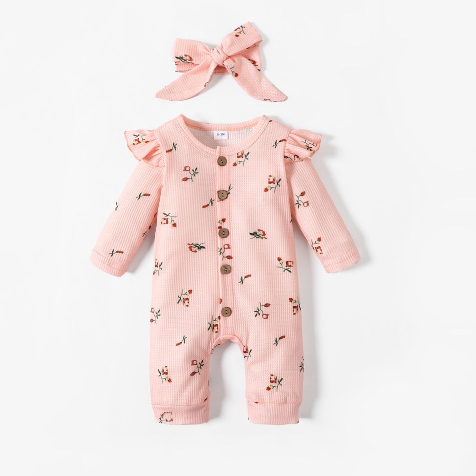 2pcs Baby Girl 95% Cotton Long-sleeve Floral Print Ruffle Button Up Waffle Jumpsuit with Headband Set Pink big image 1