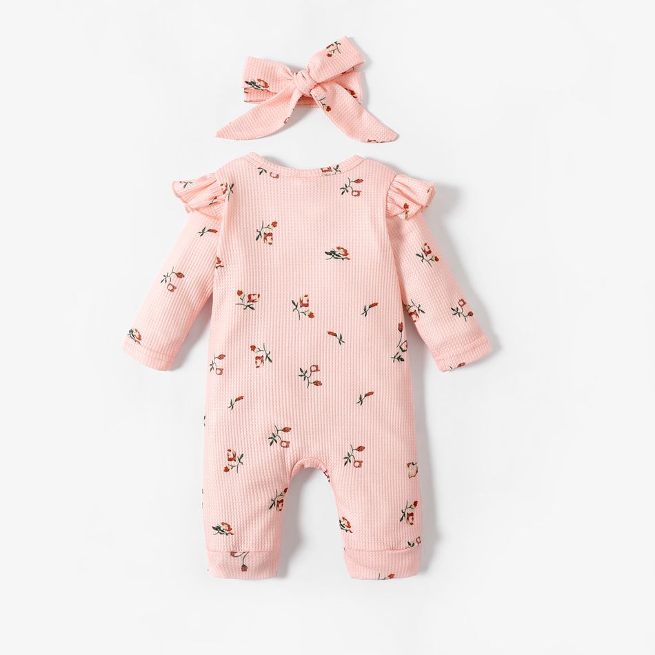 2pcs Baby Girl 95% Cotton Long-sleeve Floral Print Ruffle Button Up Waffle Jumpsuit with Headband Set Pink big image 2