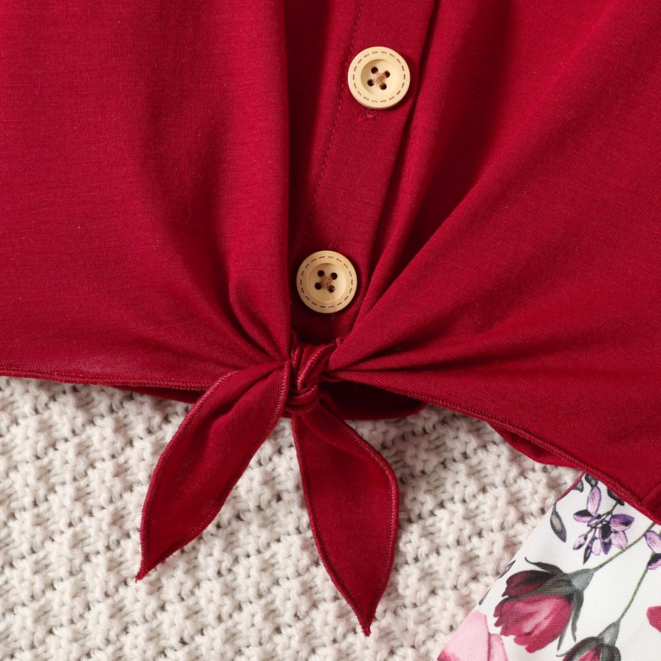 2pcs Toddler Girl Tie Knot Button Design Burgundy Camisole and Floral Print Falred Pants Set Burgundy big image 4