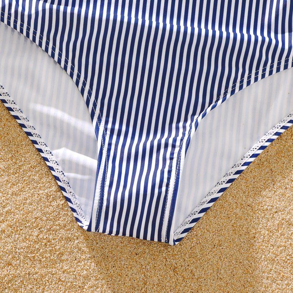 Family Matching Blue Pinstriped Swim Trunks Shorts and One Shoulder Ruffle Hollow Out One-Piece Swimsuit White big image 6