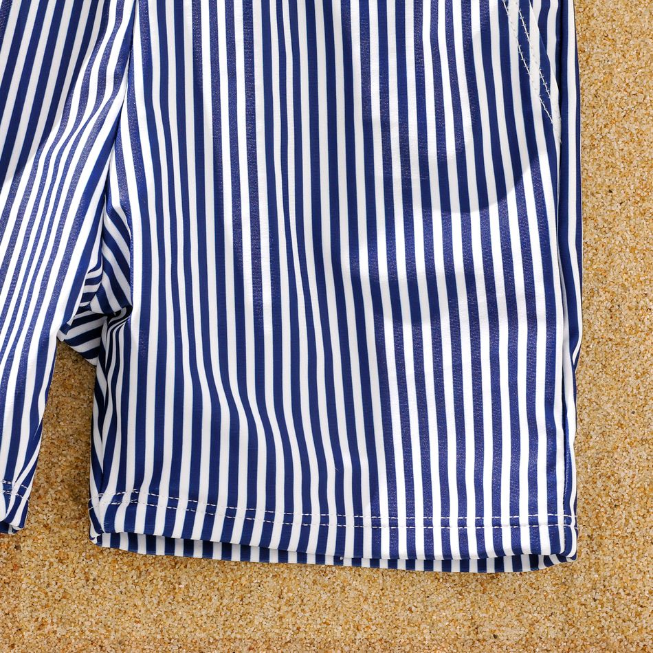 Family Matching Blue Pinstriped Swim Trunks Shorts and One Shoulder Ruffle Hollow Out One-Piece Swimsuit White big image 10