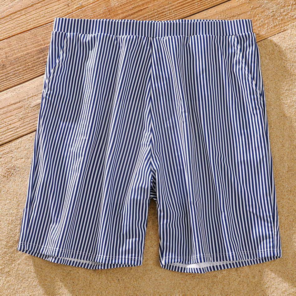 Family Matching Blue Pinstriped Swim Trunks Shorts and One Shoulder Ruffle Hollow Out One-Piece Swimsuit White big image 8