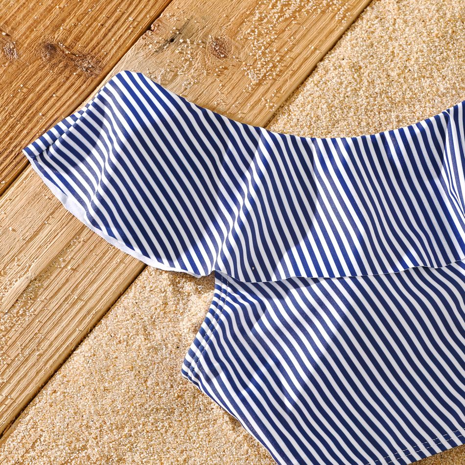 Family Matching Blue Pinstriped Swim Trunks Shorts and One Shoulder Ruffle Hollow Out One-Piece Swimsuit White big image 4
